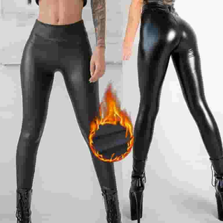 Women Wet Look Plush Lined Faux Leather Pants Skinny High Waist