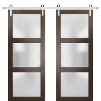 Sturdy Double Barn Door 64 x 80 inches with Frosted Glass | Lucia 2552 Chocolate Ash | Stainless Steel 13FT Rail Hangers Heavy Set | Solid Panel Interior Doors