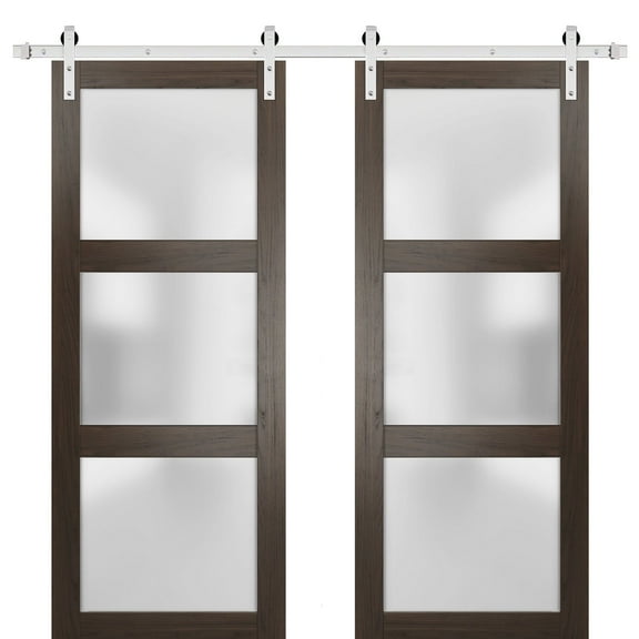 Sturdy Double Barn Door 64 x 80 inches with Frosted Glass | Lucia 2552 Chocolate Ash | Stainless Steel 13FT Rail Hangers Heavy Set | Solid Panel Interior Doors