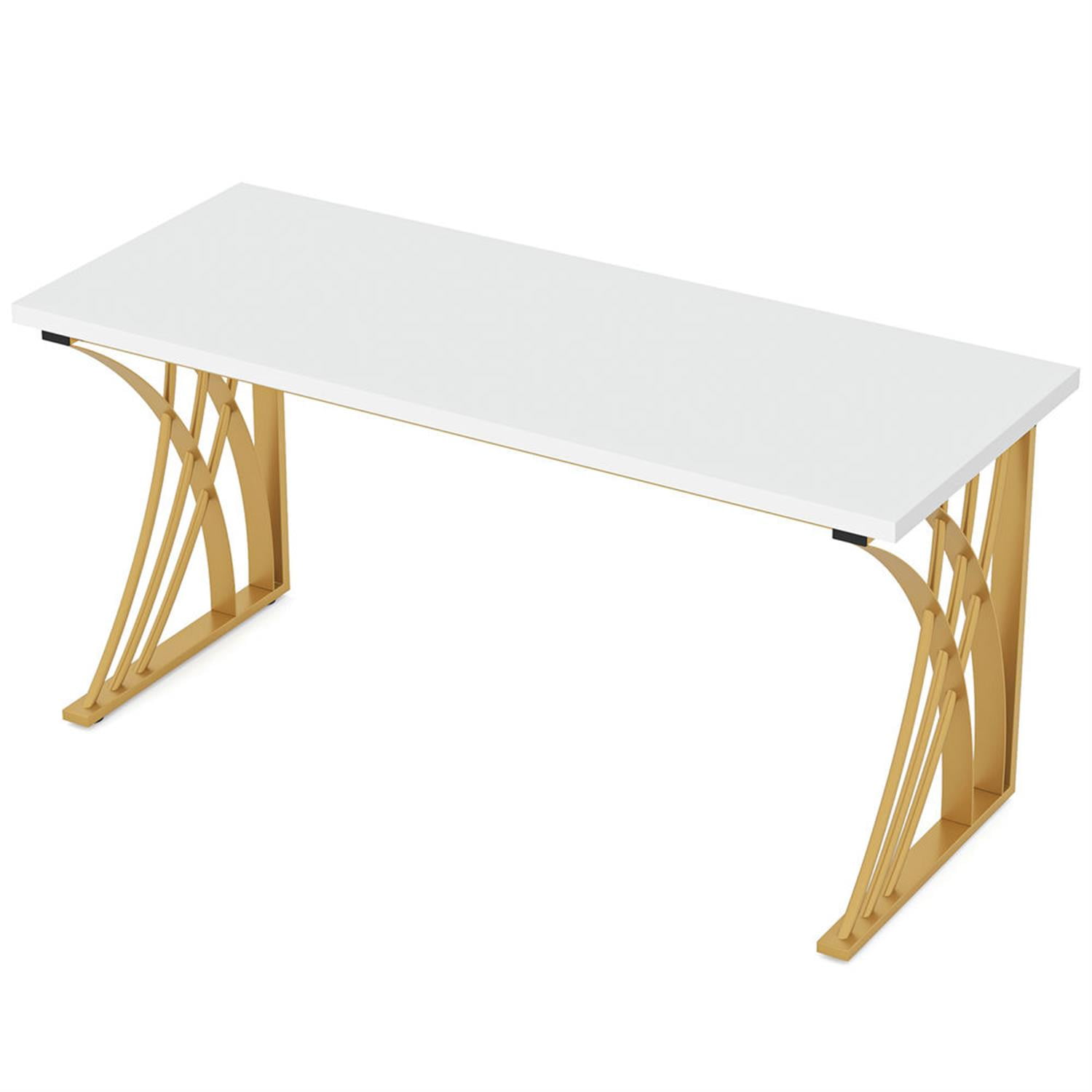 Demi Bonn 55" Executive Computer Desk with Gold Metal Legs, Modern Study Writing Gaming Table for Home Office, White