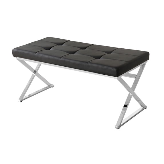 Relaxing Bench With Faux Laether Tufted Seat, Black And Silver