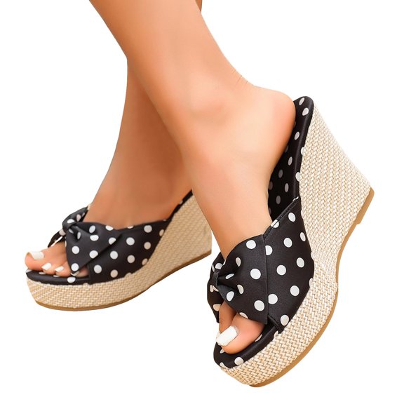 Rokment Bow Polka Dot Platform Wedge Dress Slip on Sandals for Women Bride Wedding Vintage Casual Leather Espadrilles Extra Chunky High Heels Slides Dressy Slippers Summer Black Size 6