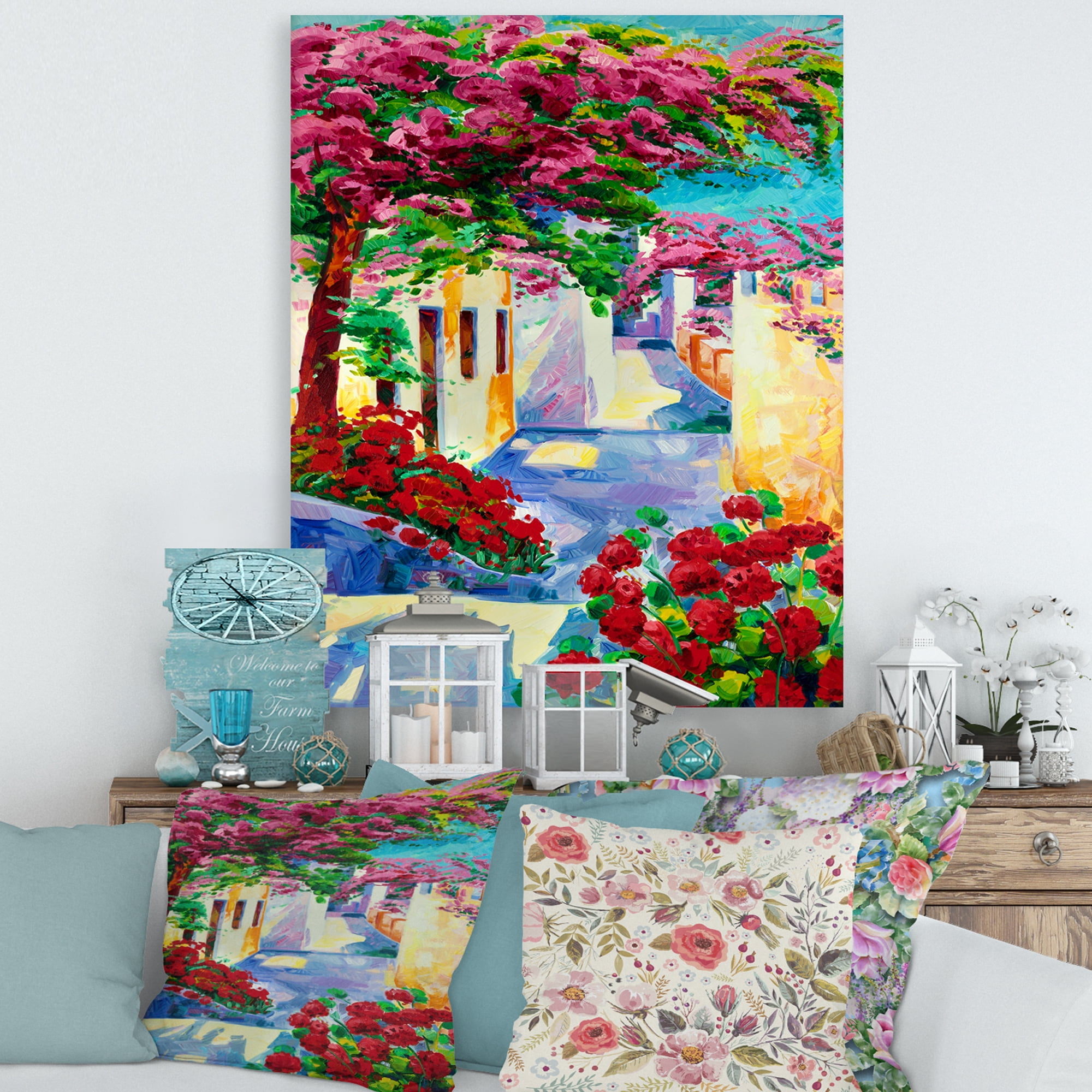 Designart ' Colorful Traditional Santorini Houses Among Flowers ' Nautical & Coastal Canvas Wall Art Print