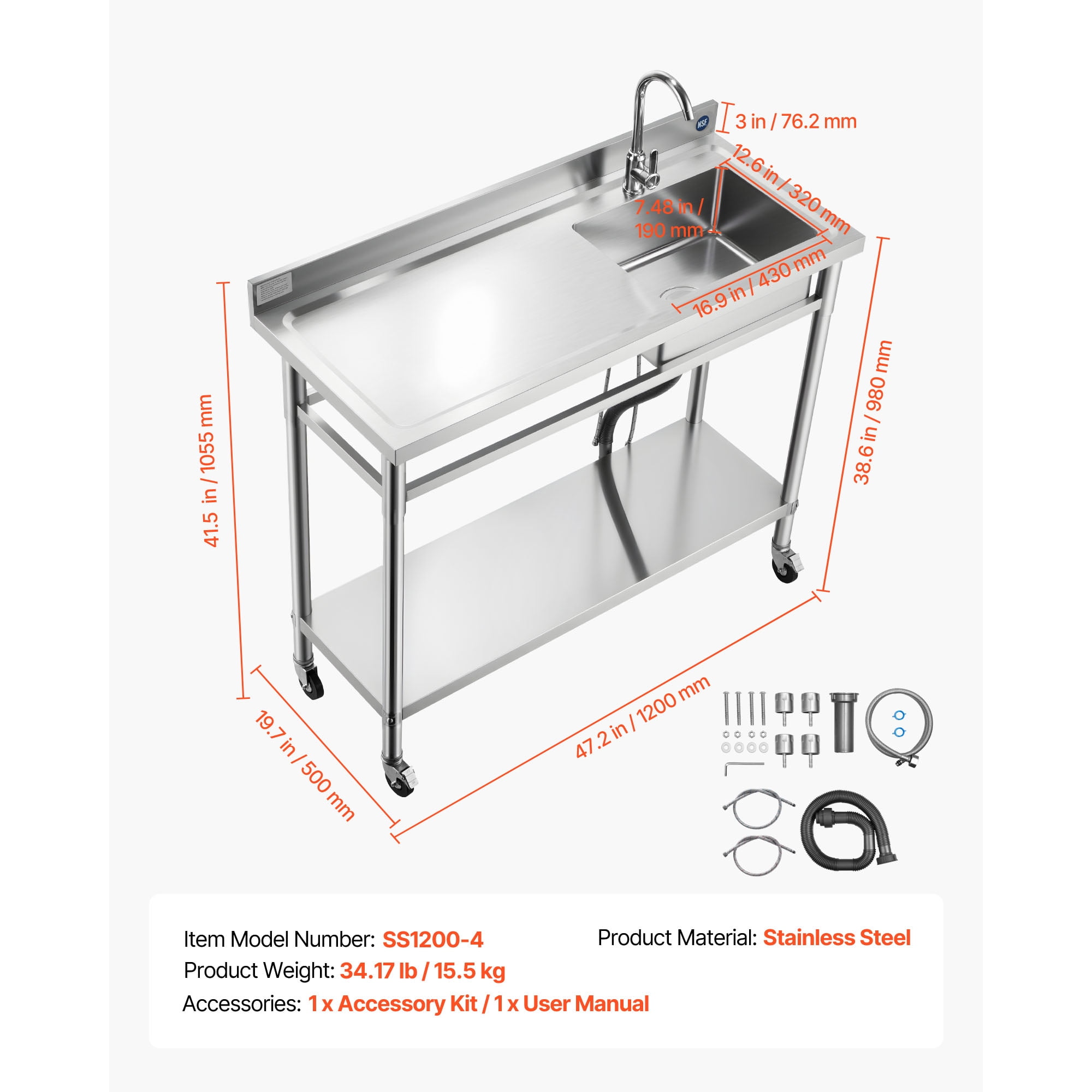 KFFKFF Stainless Steel Utility Sink with Wheels, Mobile Single Bowl Sink for Commercial Kitchens, Includes Faucet and Hot & Cold Water Pipes, Multipurpose Workstation for Garage, Restaurant