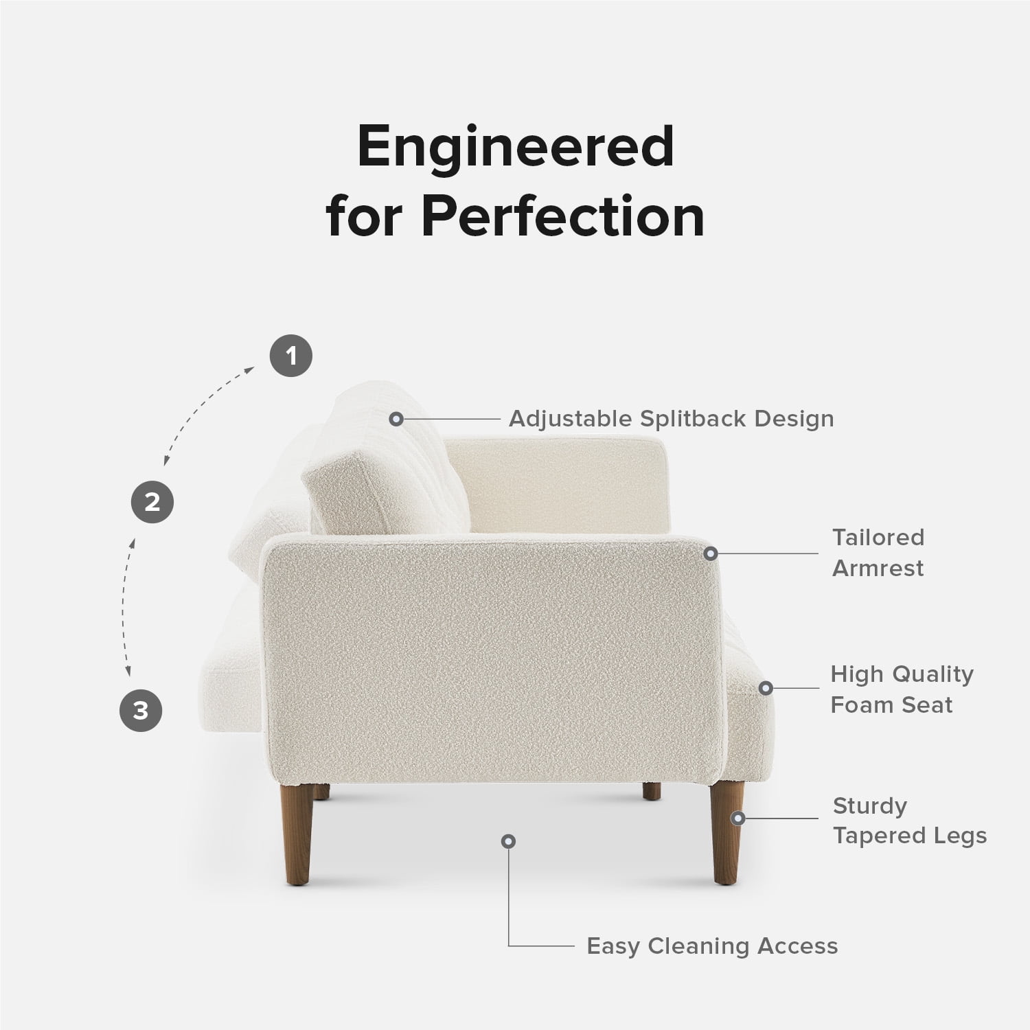 Mopio Aaron Twin Futon Sofa Split Back Design 77.5" Pearl White Boucle Fabric