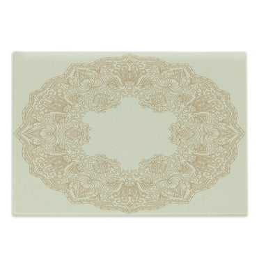 Beige Cutting Board, Old Fashion Embriodery Style Floral Circle Victorian Feminine Boho Artprint, Decorative Tempered Glass Cutting and Serving Board, Large Size, Beige, by Ambesonne