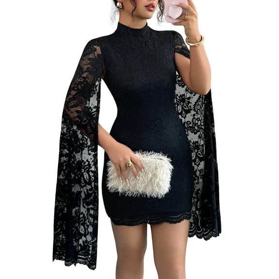 Women'S Lace Mini Dress Elegant Floral Mesh Long Sleeve Square Neck Dresses Party Cocktail Formal Evening Gown Black S