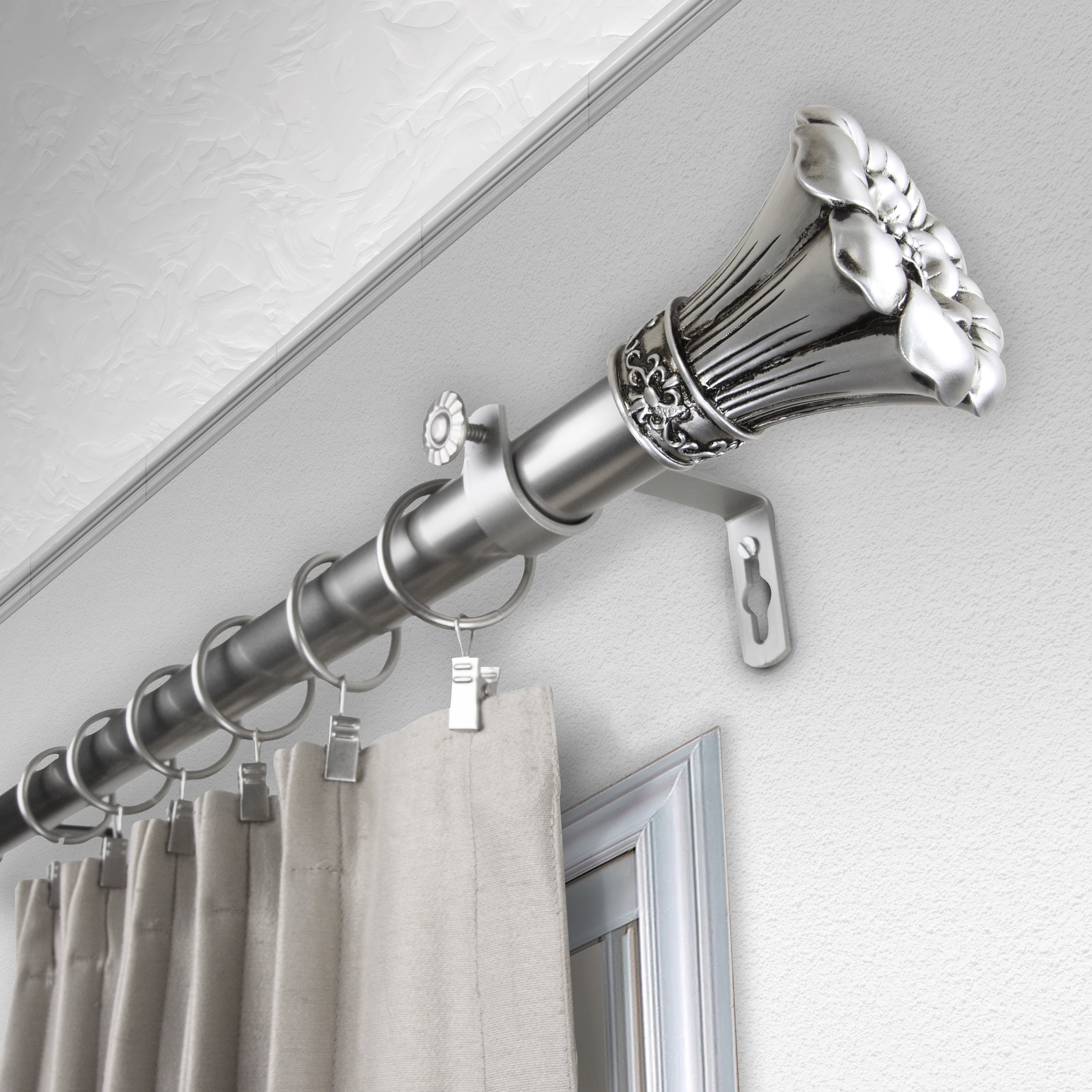 1" Dia Rosetta Curtain Rod 160-240 inch, Satin Nickel