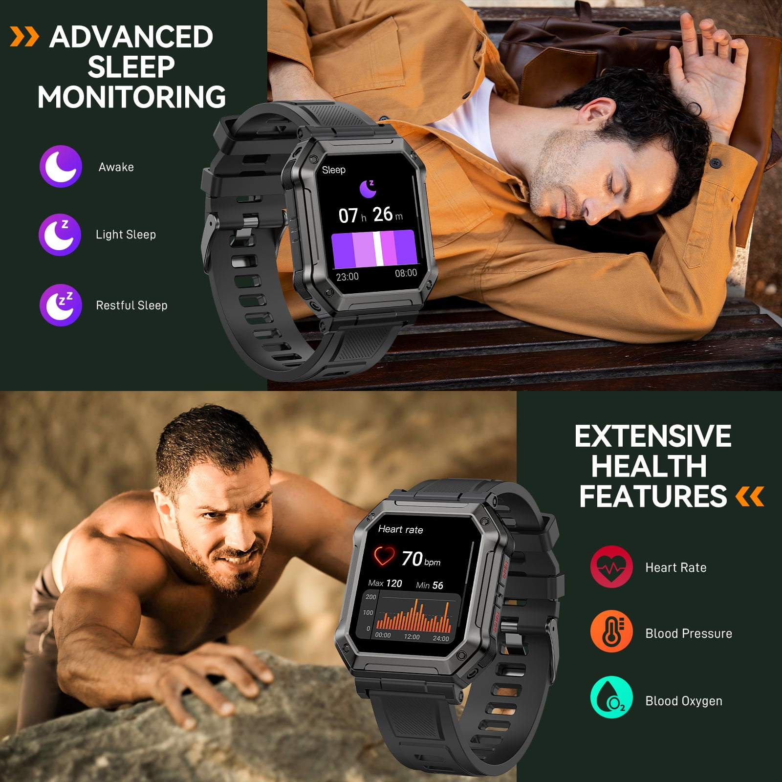 XAXRE Smart Watches for Men with Call (Support Fast SOS/Silent Mode), 1.91'' HD Outdoor Rugged Watch Fitness Tracker with 110+ Sports Smart Watch, for Android iPhone