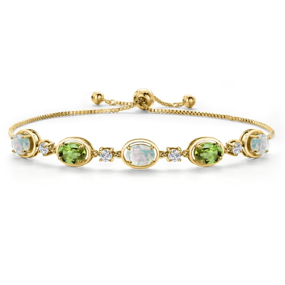 18K Yellow Gold Plated Silver Simulated White Opal and Peridot and Moissanite Tennis Bracelet for Women | 4.80 Cttw | Gemstone October Birthstone | Oval Cabochon 7X5MM | Fully Adjustable 10 inch