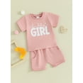 thumbnail image 3 of FEORJGP Toddler Baby Girls 2 Piece Outfit 0-3Y Infant Short Sleeve T-Shirt Letter Print Shirt Crew Neck Tops and Elastic Shorts Set Newborn Casual Cute Summer Clothes, 3 of 9