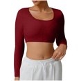 thumbnail image 1 of JGGSPWM Hauts Courts à Manches Longues pour Femmes Entraînement Vêtements de Base pour Dames Ajustés Ajustés Unis Col Rond Mignons Chandails de Yoga Rouge P, 1 of 7