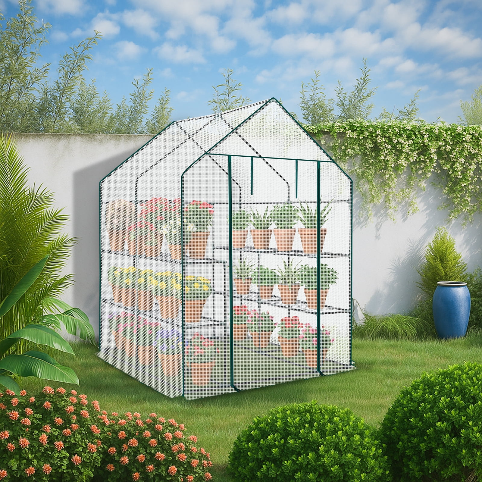 Zimtown 56"x56" Walk-In Greenhouse with 8 Shelves, PE Cover, Zippered Door, Vent Window, Sturdy Frame, White