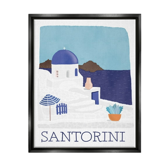Santorini Vacation Island View Landscape Graphic Art Jet Black Framed Art Print Wall Art