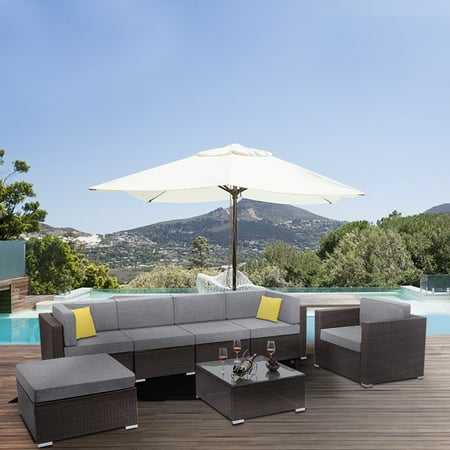 Outdoor Furniture For Kids Clearance! Wicker Patio Furniture Sets, 7 Piece Conversation Set w/ Coffee Table, Patio Sofa, Ottoman, All-Weather Rattan Sofa Sectional Furniture Set, Outdoor Couch Set for Backyard, Brown, W6894 ()