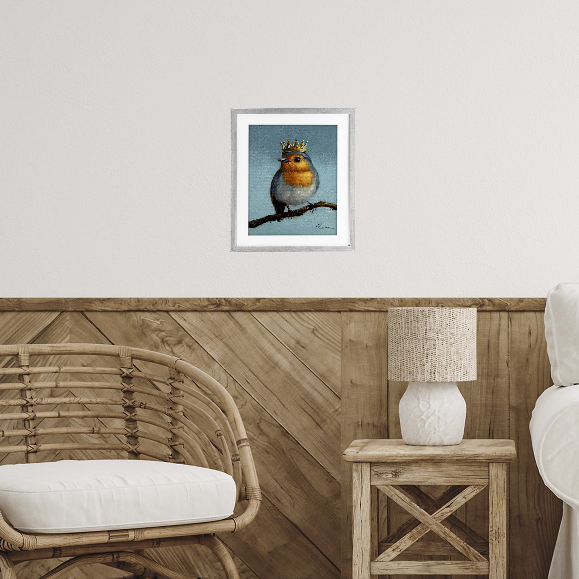 Royal Robin Perched Gray Framed Print Under Glass, design by Lucia Heffernan