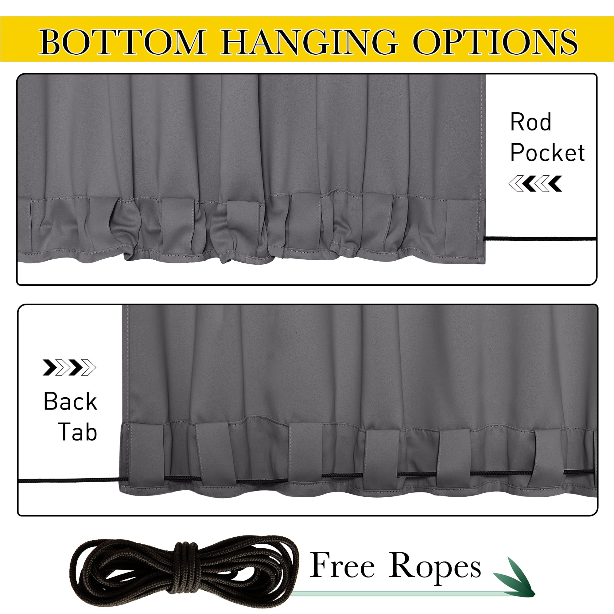 NICETOWN 2 Panels Outdoor Pergola Curtains Waterproof and Windproof Top & Bottom Pocket & Back Tab Blackout Privacy Keep Drapes for Patio with Fixed Rope, 52"x 95", Grey