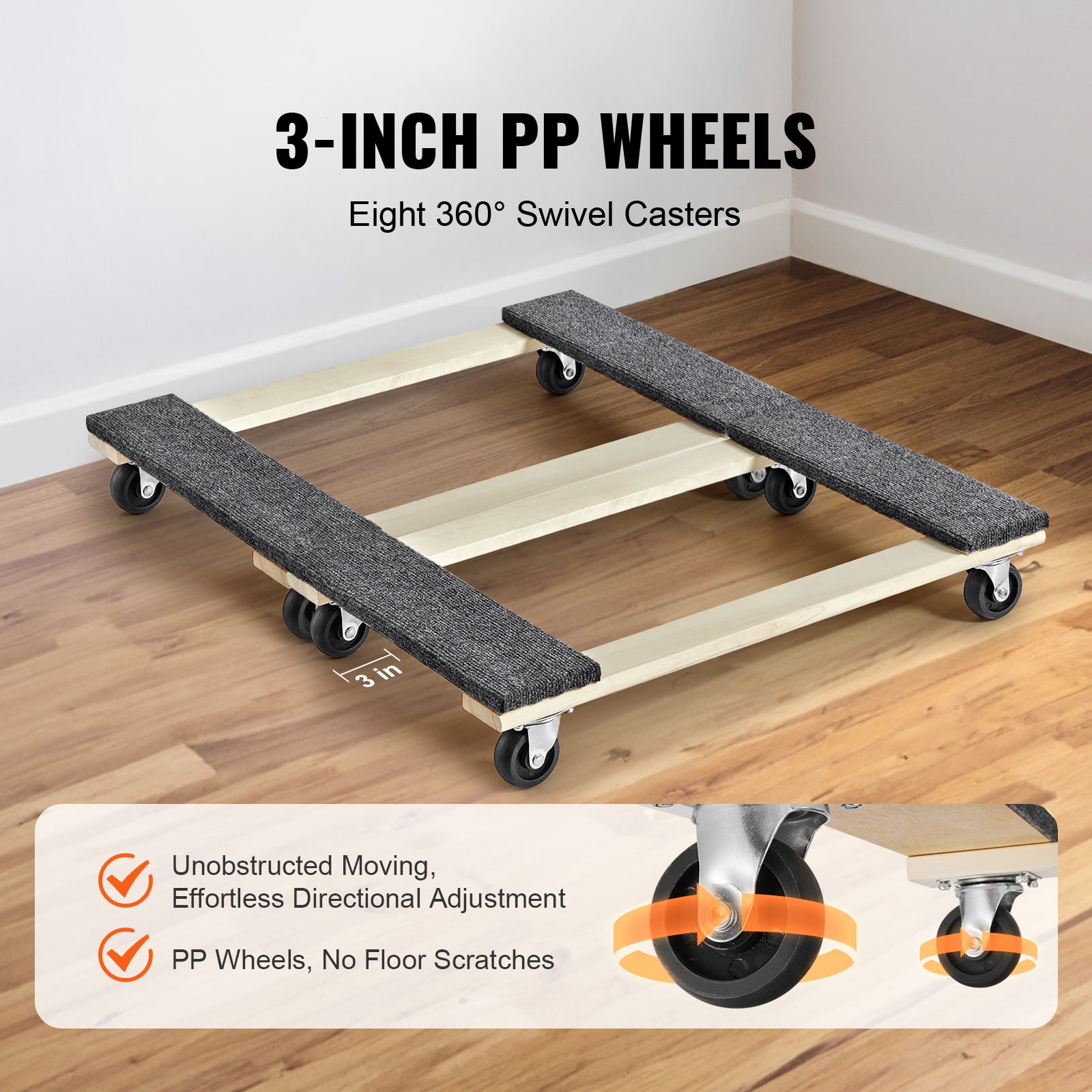 KFFKFF Moving Equipment, 1000 lbs Per Unit Weight Limit, Set of 2, 18" x 30", 8 x 3" PP Rotating Wheels, Robust Hardwood Furniture Transport Dolly, Relocation Dolly