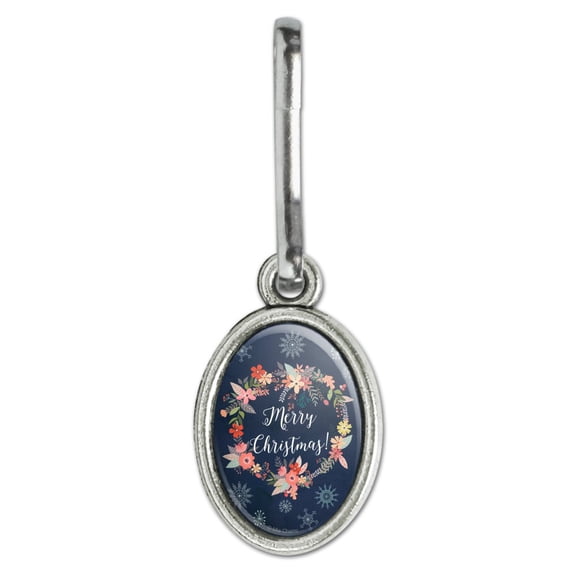 Merry Christmas Snowflakes Wreath Antiqued Oval Charm Clothes Purse Suitcase Backpack Zipper Pull Aid