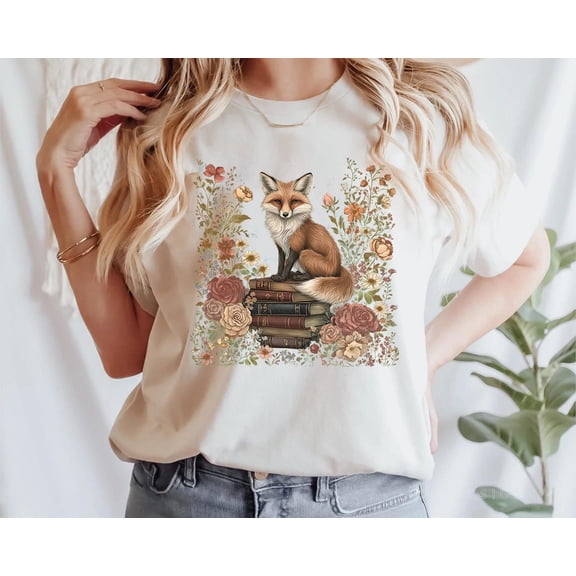 Velto Fox and Book Shirt, Cute Flower Fox Shirt, Vintage Floral Cottagecore Shirt, Wildflower Meadow,Fairycore Tee,Forestcore TShirt,Botanical Fox All Size S-5XL