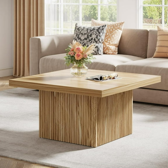 Finmind 31.5" Square Fluted Coffee Table, Mid-Century Modern Large Center Table for Living Room, Wood Cocktail Table with Grooved Design, Easy Assembly, Oak Finish