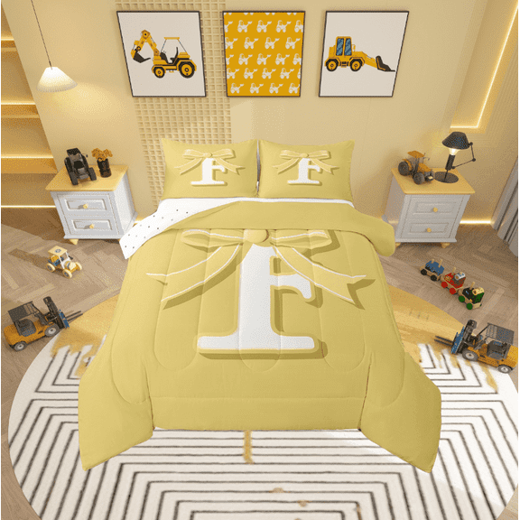 Erosebridal Yellow Bowknot Comforter Sets Twin Size, Initial Letter F Comforters & Duvets, Cartoon Monogrammed Reversible Duvet Insert, Breathable Bedroom Decorative, 2pcs