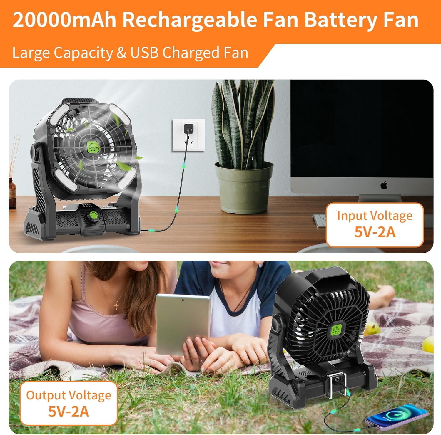 vhibuon 20000mAh Portable Camping Fan Rechargeable Portable fans for Travel Battery Powered Fan with LED Lantern 270° Rotation USB Desk Battery Rechargeable Tent for camping essentials w