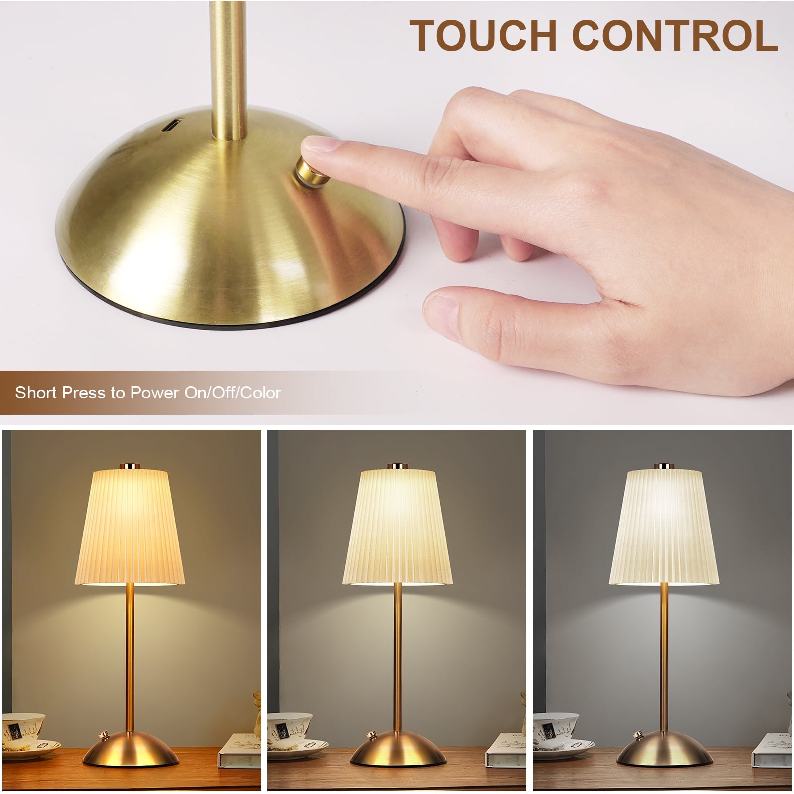 FRIDEKO HOME Cordless Table Lamp, Rechargeable Battery Operated Lamp, 3 Color Temperature, Stepless Dimmable LED Touch Lamp, 12" Portable Metal Desk Lamp for Bedroom Living Room Kitchen Counter(2PCS)