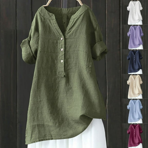 Women's Cotton-Linen Solid 3/4 Sleeve V-Neck Oversized Tunic Blouse Casual Dressy Top