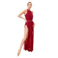 thumbnail image 2 of TiaoBug Womens Lyrical Dance Dress Sleeveless Keyhole Back Shiny Rhinestones Side Split Mesh Maxi Dress Burgundy L, 2 of 7