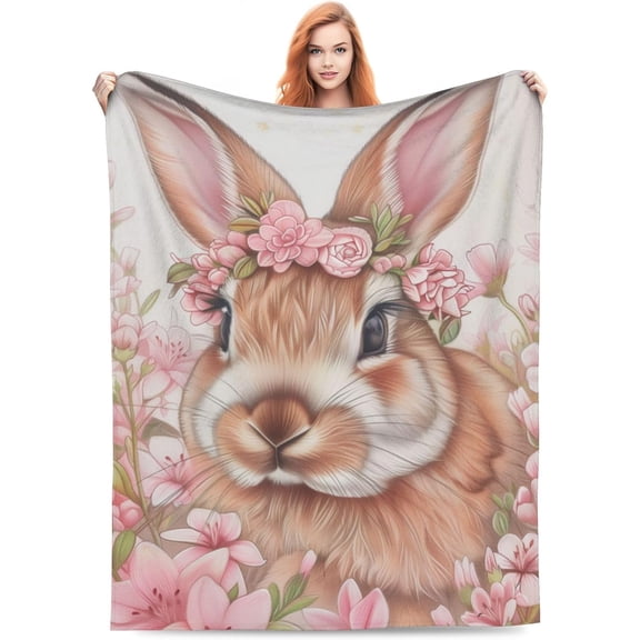 Flannel Rabbit Blankets Gifts - Pink Flower Bunny Throw Blanket for Sofa Couch Bed Living Room, Soft Warm Cozy Decor, 60" x 50"