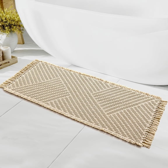 YANGLI Waffle Bath Runner Rug 24"x60", Super Absorbent Boho Bath Mat, Non-Slip Machine Washable Dry Fast Bathroom Rug with Tassels, Sand