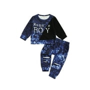 Infant Baby Boys Sweatsuit Long Sleeve Crew Neck Mama's Boy Sweatshirt Top Ripped Pants 2Pcs Fall Outfit