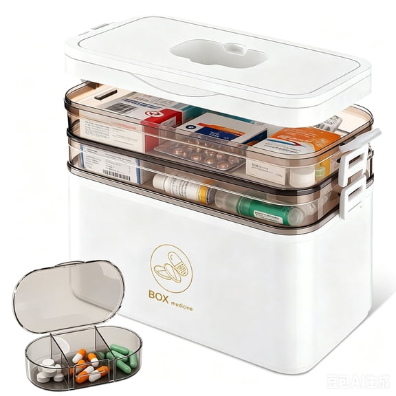 3-Tier Medicine Organizer - Portable Medicine Cabinet with Plastic Handle, Multipurpose Medical Box, Pill Organizer, Empty First Aid Kit for Home