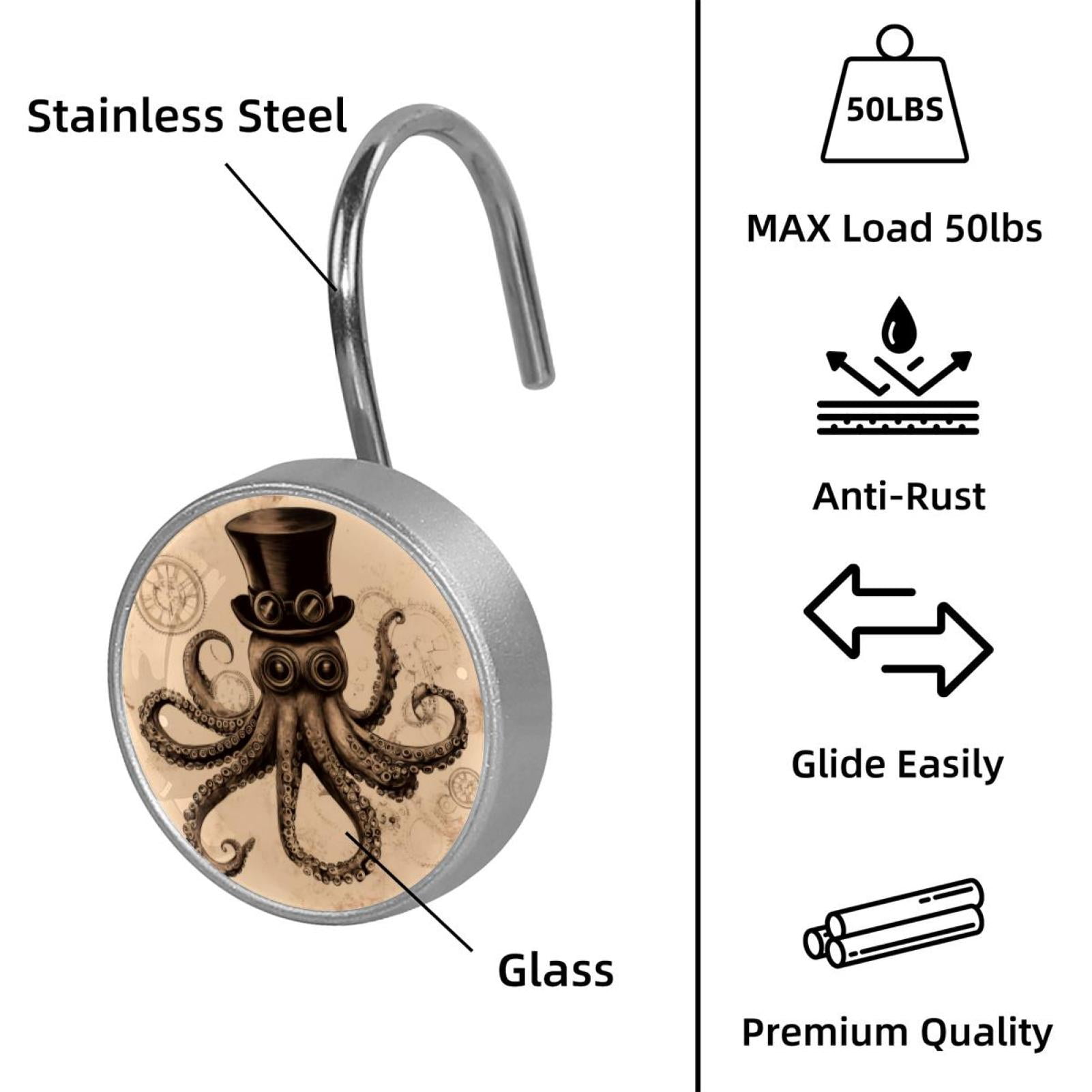 12pcs Decorative Shower Curtain Hooks, Rust Resistant Shower Rings for Bathroom Living Room,Rustproof Stainless Steel Rings for Shower Curtain and Liner Rods,Vintage Hat Octopus