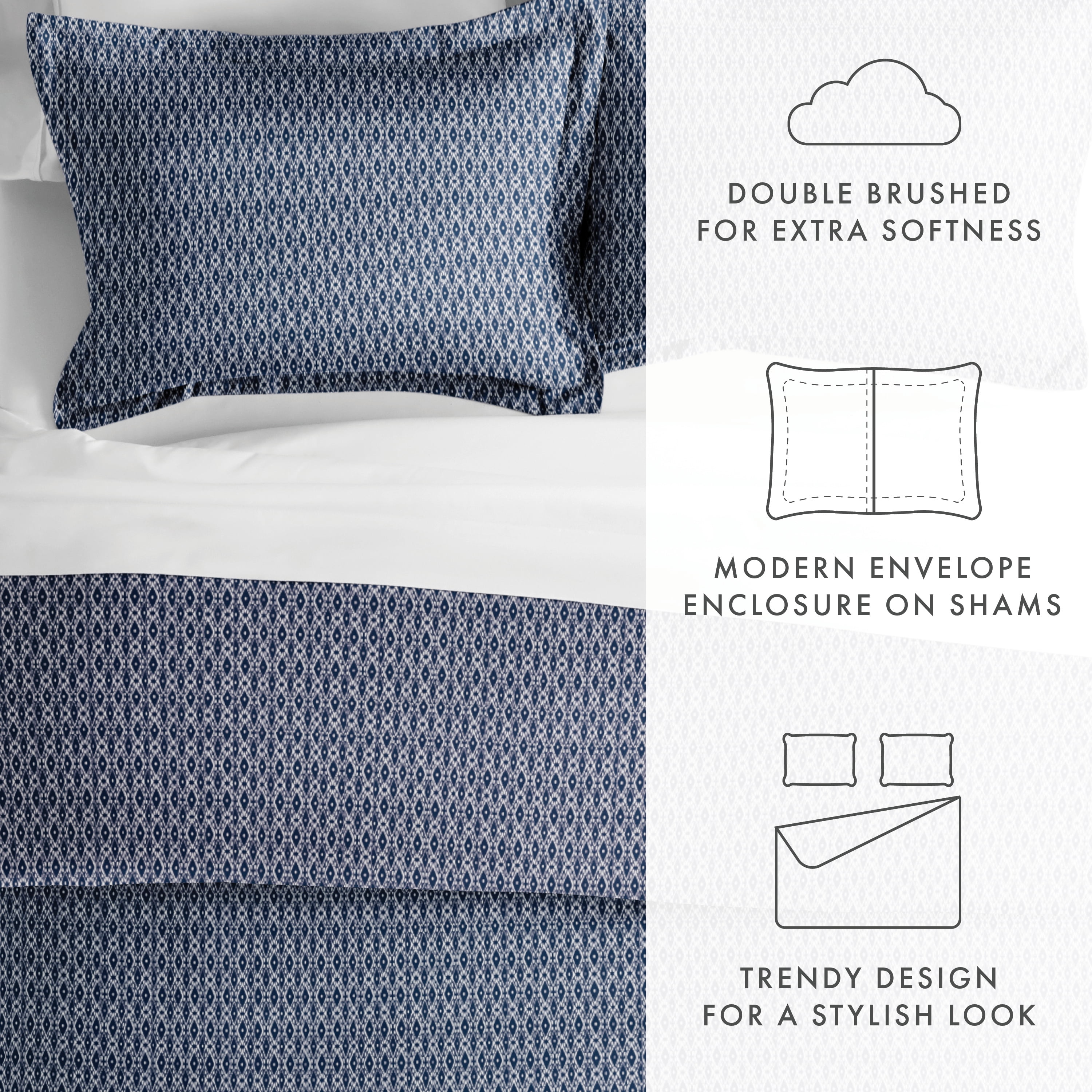 Noble Linens Navy Blue Diamond Pattern 3-Piece Duvet Cover Set, Full/Queen