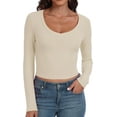thumbnail image 1 of GHSDFBB Women's Long Sleeve V Neck Crop Top Ribbed Knit Slim Fitted Basic T-Shirts, 1 of 7