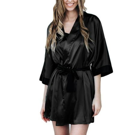 

Lingerie Pajama Sets for Women Black Silk Satin Kimono Robe Lace Bathrobe Sleepwear Pajamas