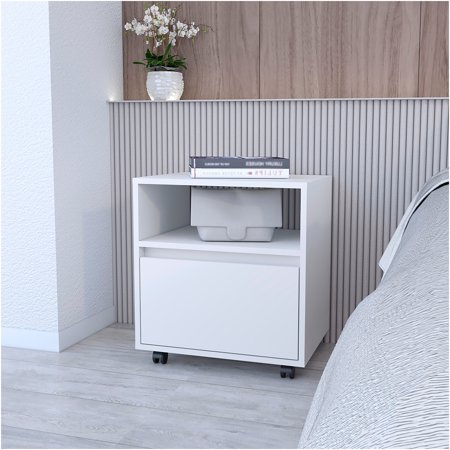 JERFIT White Wood Nightstand with Drawer Mobile Bedside Table with Wheels Compact 1-Drawer End Table for Small Spaces Modern Bedroom Furniture