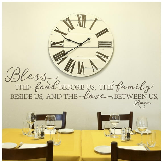 Bless the Food Before Us, the Family Beside Us, and the Love Between Us, Amen Vinyl Lettering Wall Decal Kitchen Dining Quote Decals - Size: 16"H x 58"L - Color: Metallic Bronze