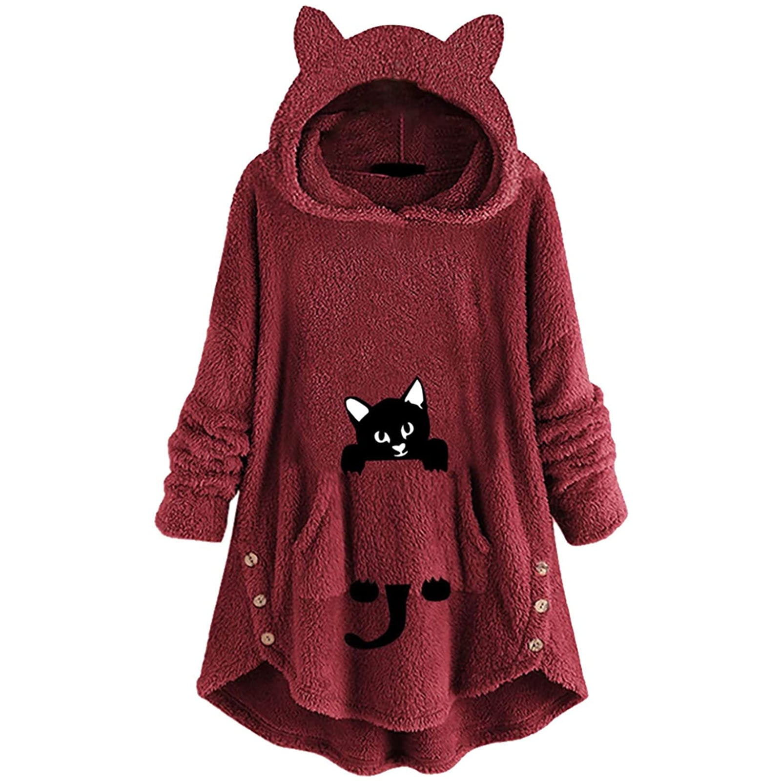 Long Hoodie Dress Women Cute Pattern Winter Cat Ear Fleece Fuzzy
