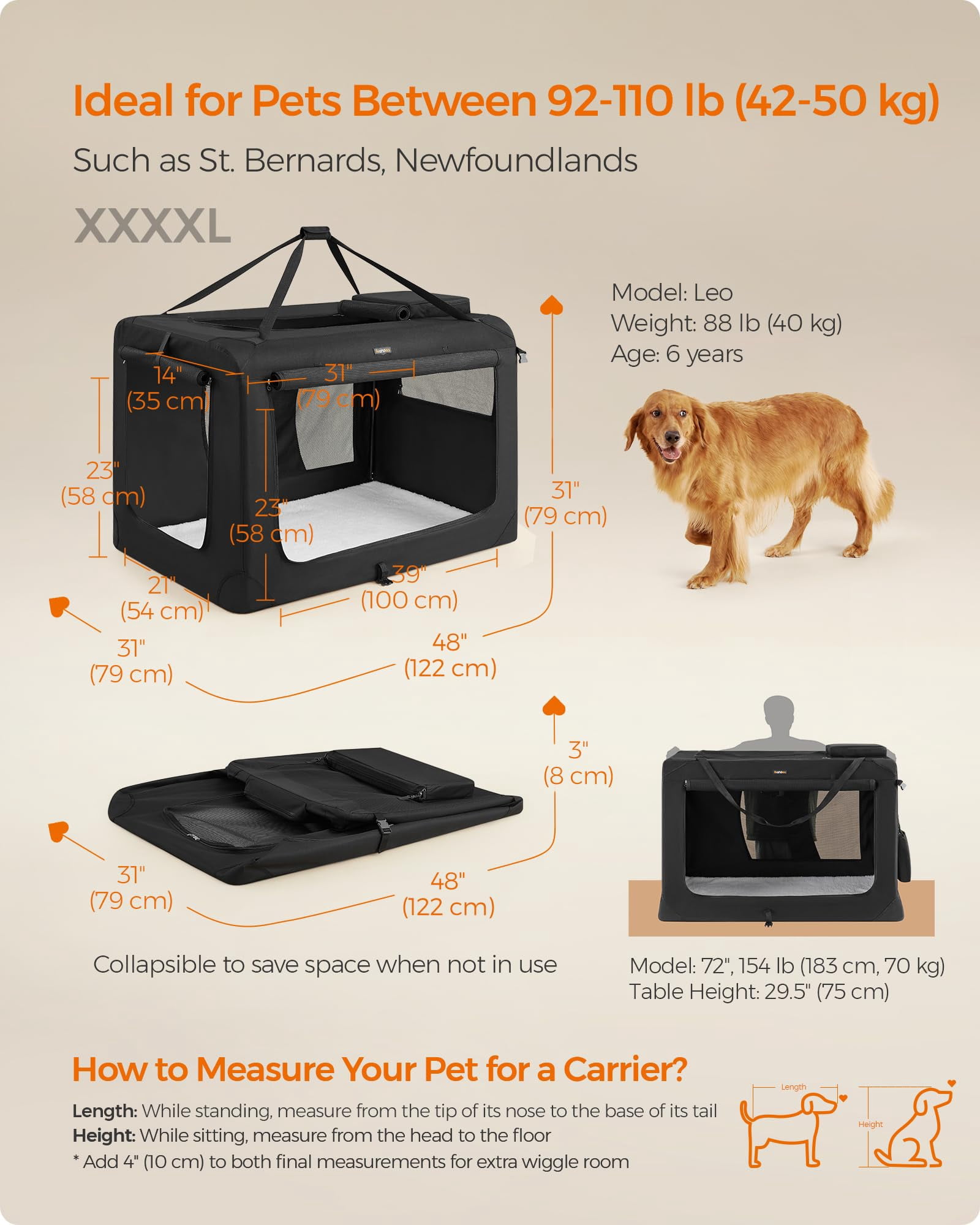 48 Inch Collapsible Dog Crate Portable Kennel for Large Dogs, Indoor Outdoor Pet Carrier with Safety Zippers, Fleece Pad, 3 Doors for Living Room Car Travel Camping, Black