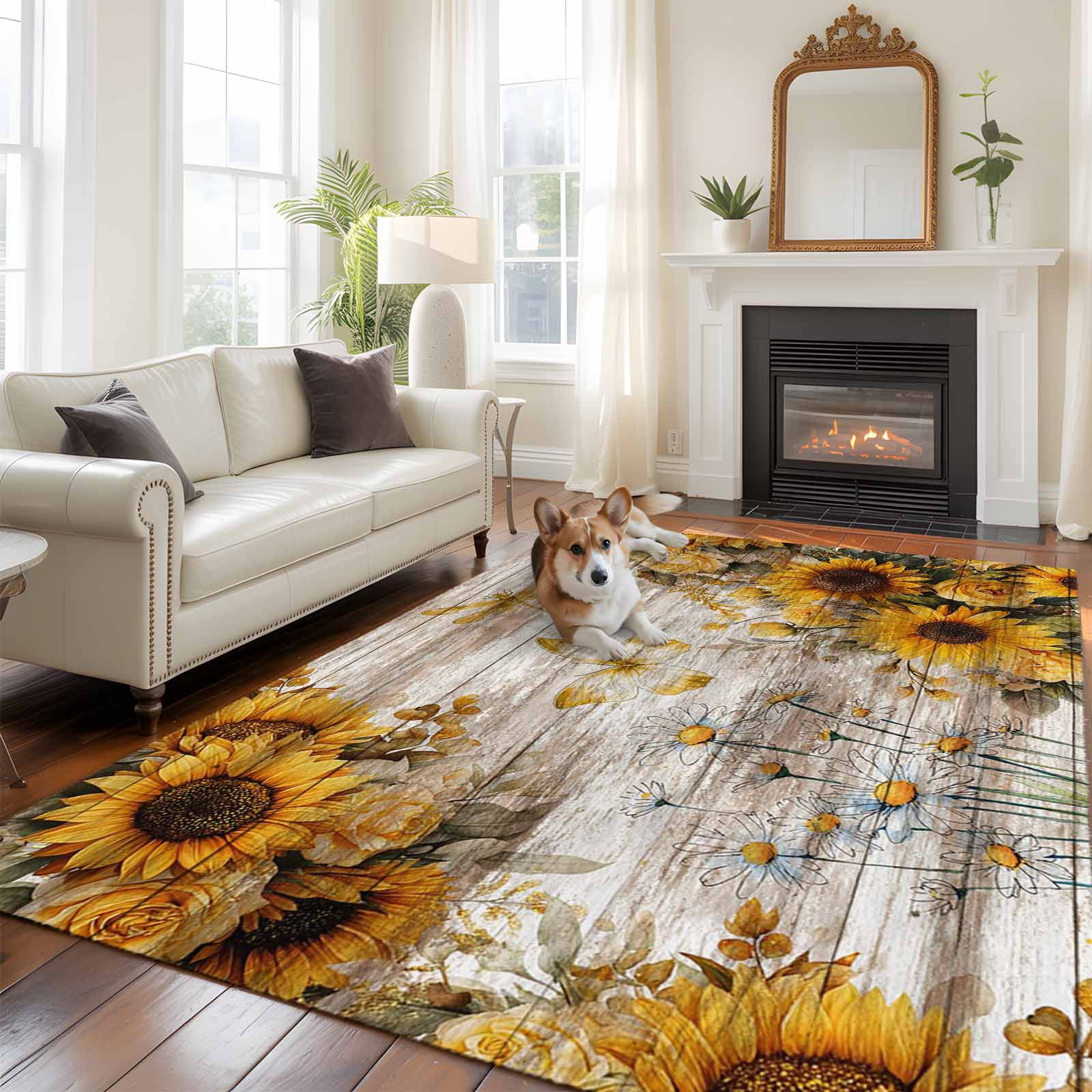 Large Area Rugs for Living Room Bedroom, Farmhouse Sunflower 5'x8' Rug Washable Carpet Runner Indoor Outdoor, Vintage Daisy Butterflies Rustic Wood Non Slip Floor Mats Rug for Kitchen, Bathroom
