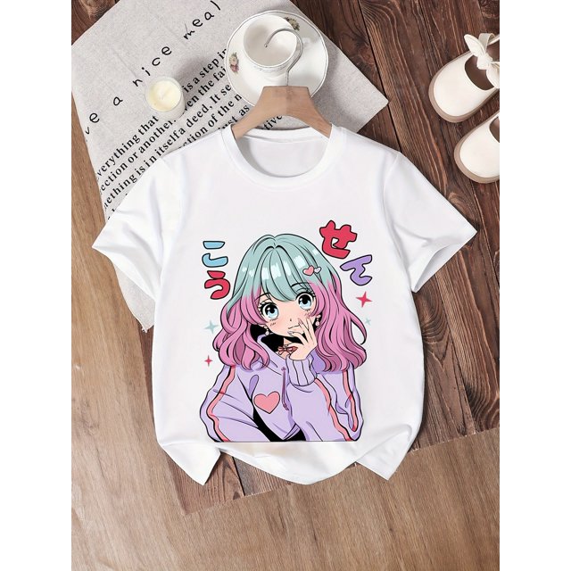 Girls' Cute Anime-Inspired Graphic Tee - Soft Stretchy Cotton, Blue-Haired Girl & Pink Stripes Design, Casual Loose Fit Short Sleeve Summer Top for Youngsters, Girls Shirts