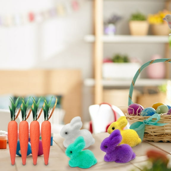 Clearance Under $5!Yyuenw 4 Pcs Easte Carrot and 4 Pcs Easter Bunny Mini Fuzzy Easter Bunny Rabbits Figurines Fairy Garden Animal Moss Covered Cake Topper for Spring, Easter Decorations