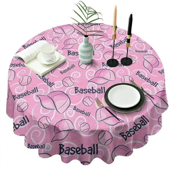 Pink Baseball Caps and Balls Pattern Round Tablecloth 60"x60",Wrinkle Wipeable Table Cloth for Kitchen Dining Room Picnic Patio Party