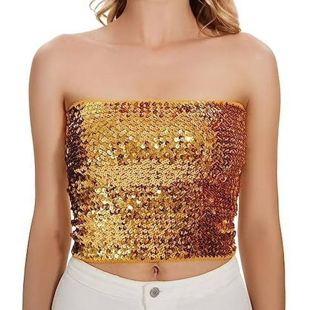 Tops cortos con lentejuelas brillantes para mujer, tops de tubo metalizados, top tipo corsé de sirena con purpurina sin tirantes para fiestas, clubes, Navidad, 30 x 30 cm