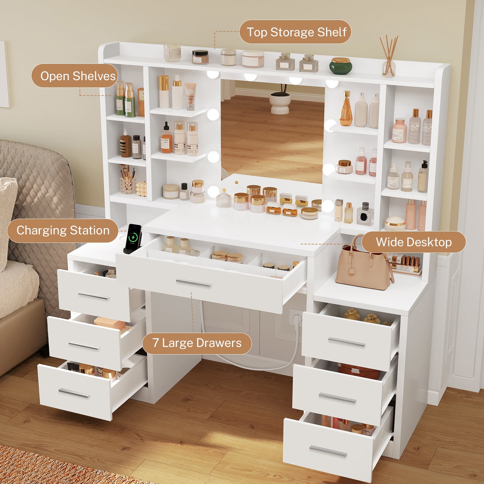 TEENFON 47.2”Vanity Set with Mirror & Lights, Makeup Vanity Desk with 7 Drawers and 8 storage shelves, Vanity Table with Power Outlet, For Bedroom, White