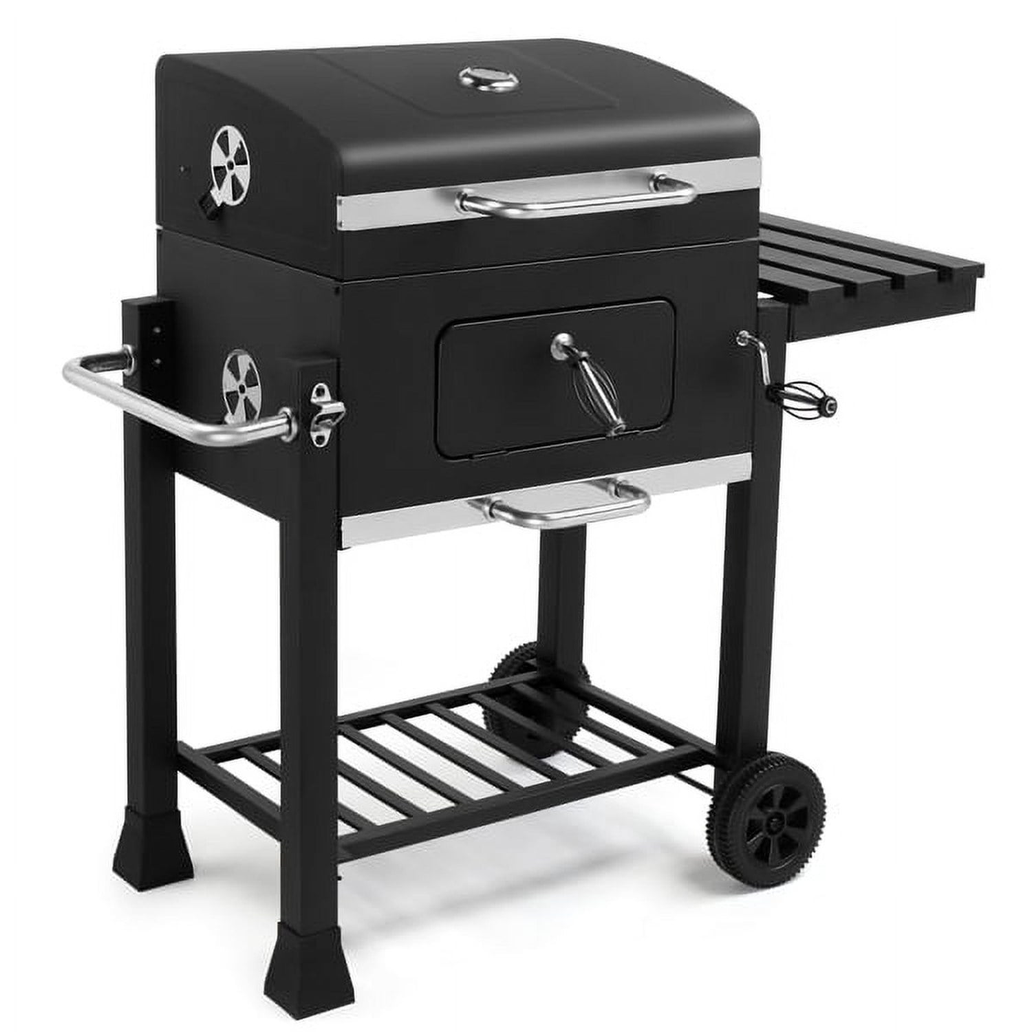 Heavy-Duty Charcoal Grill - Spacious Cooking Area, Height-Adjustable Charcoal Pan, Foldable Side Table & Wheels, for Backyard/Gatherings