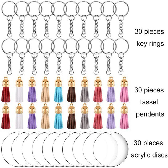 Acrylic Circle Keychain Blanks Clear Kit 120Pcs for Vinyl Project, Including Acrylic Disc Blanks, Tassels, Silver